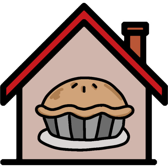 a transparent icon of a house with a large pie overlayed on top.
